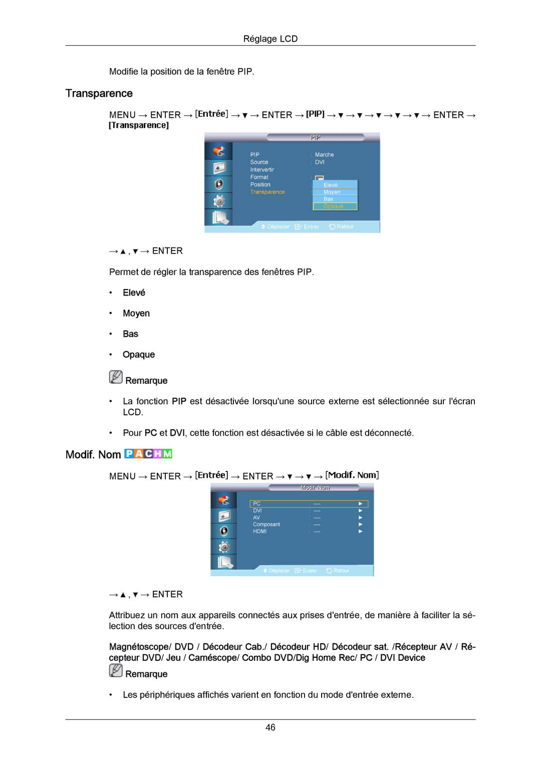 Samsung LH65MGPLBF/EN manual Transparence, Modif. Nom, Elevé Moyen Bas Opaque Remarque 