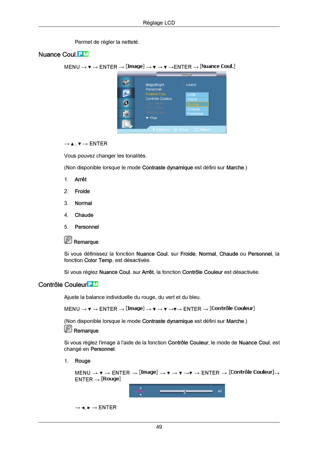 Samsung LH65MGPLBF/EN manual Nuance Coul, Contrôle Couleur, Arrêt Froide Normal Chaude Personnel Remarque, Rouge 