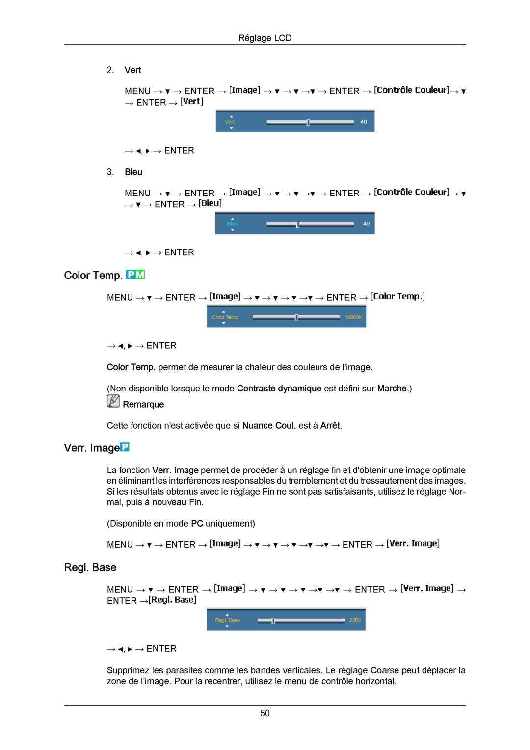 Samsung LH65MGPLBF/EN manual Color Temp, Verr. Image, Regl. Base, Vert, Bleu 