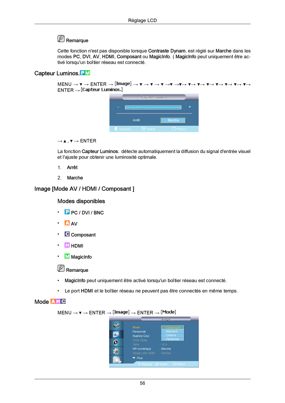 Samsung LH65MGPLBF/EN manual Capteur Luminos, Image Mode AV / Hdmi / Composant Modes disponibles 