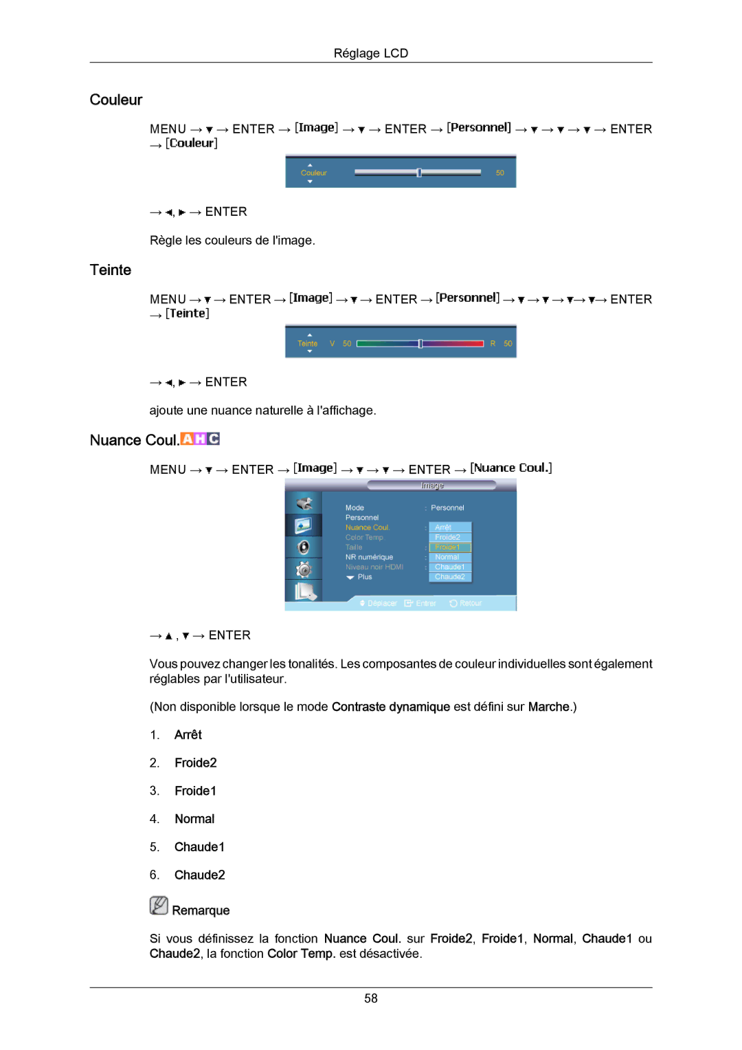 Samsung LH65MGPLBF/EN manual Couleur, Teinte, Arrêt Froide2 Froide1 Normal Chaude1 Chaude2 Remarque 