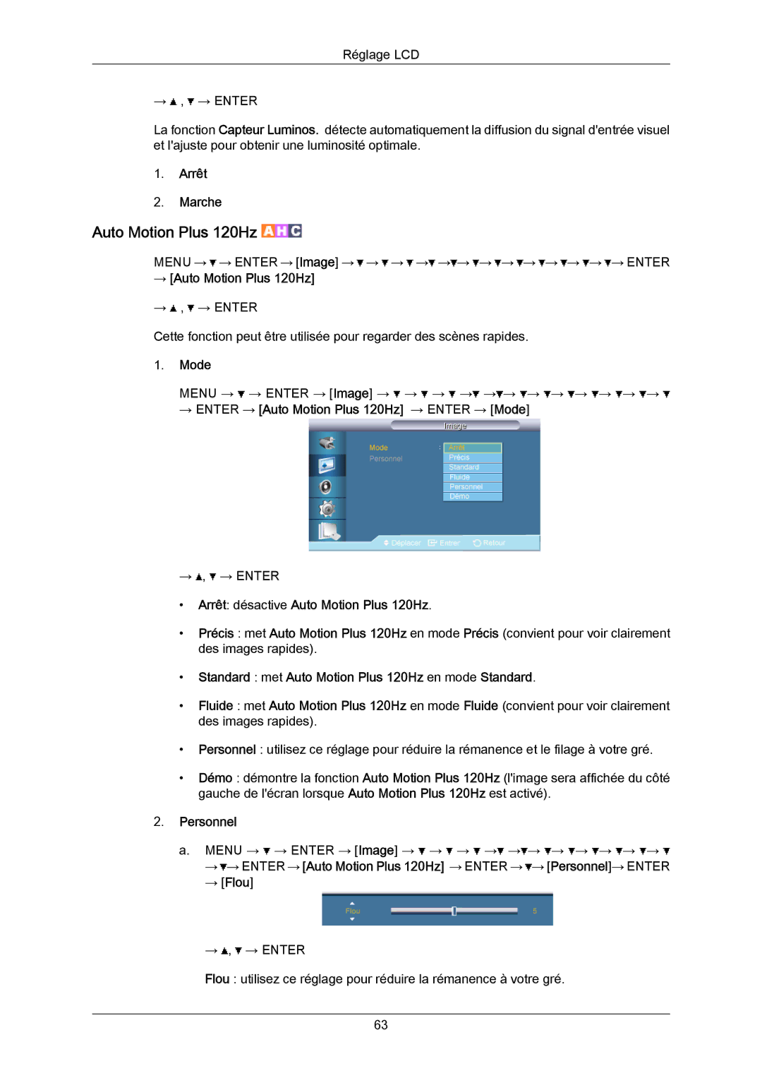 Samsung LH65MGPLBF/EN manual → Auto Motion Plus 120Hz, Mode, → Flou 