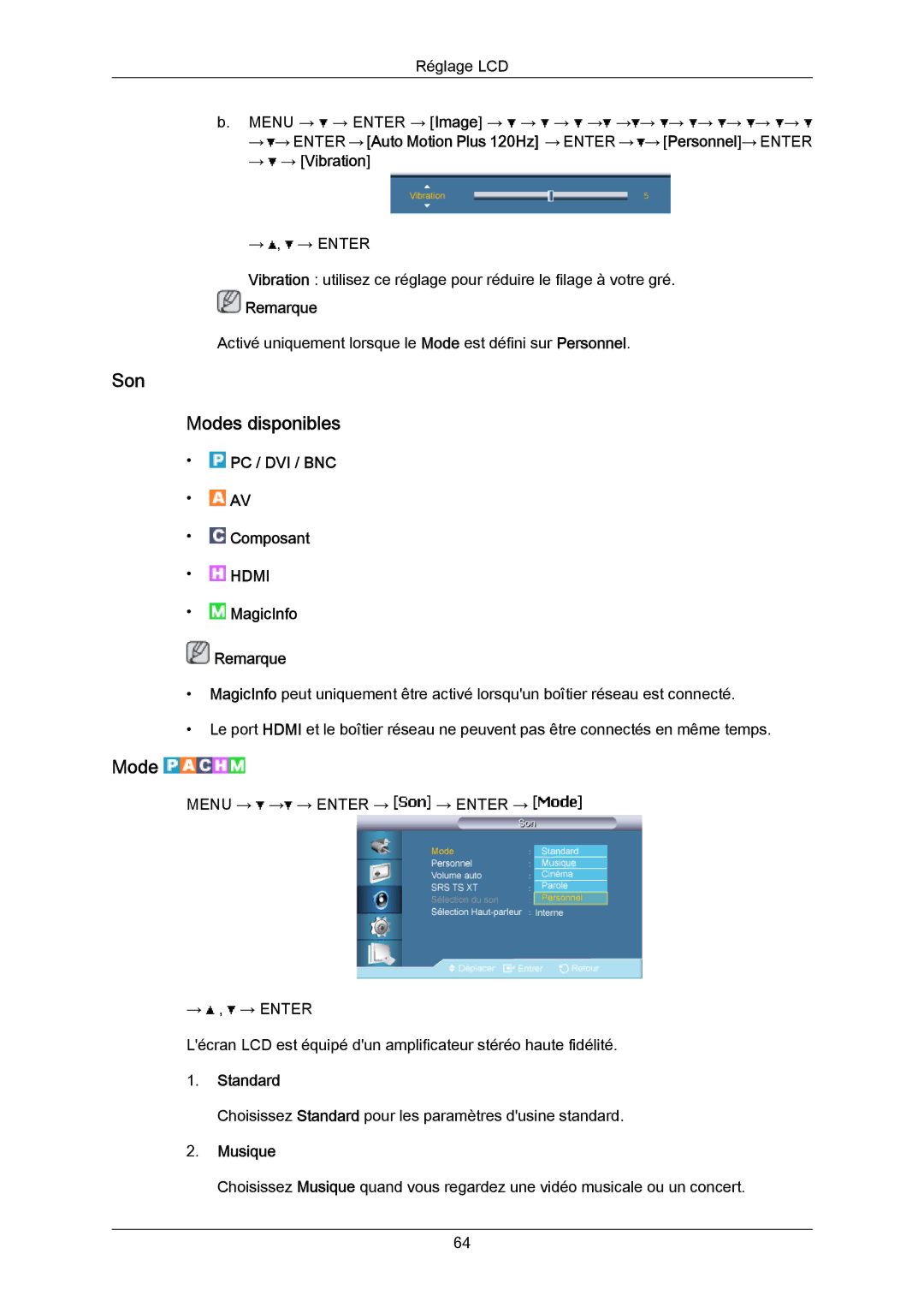 Samsung LH65MGPLBF/EN manual Son Modes disponibles, → → Vibration, Musique 