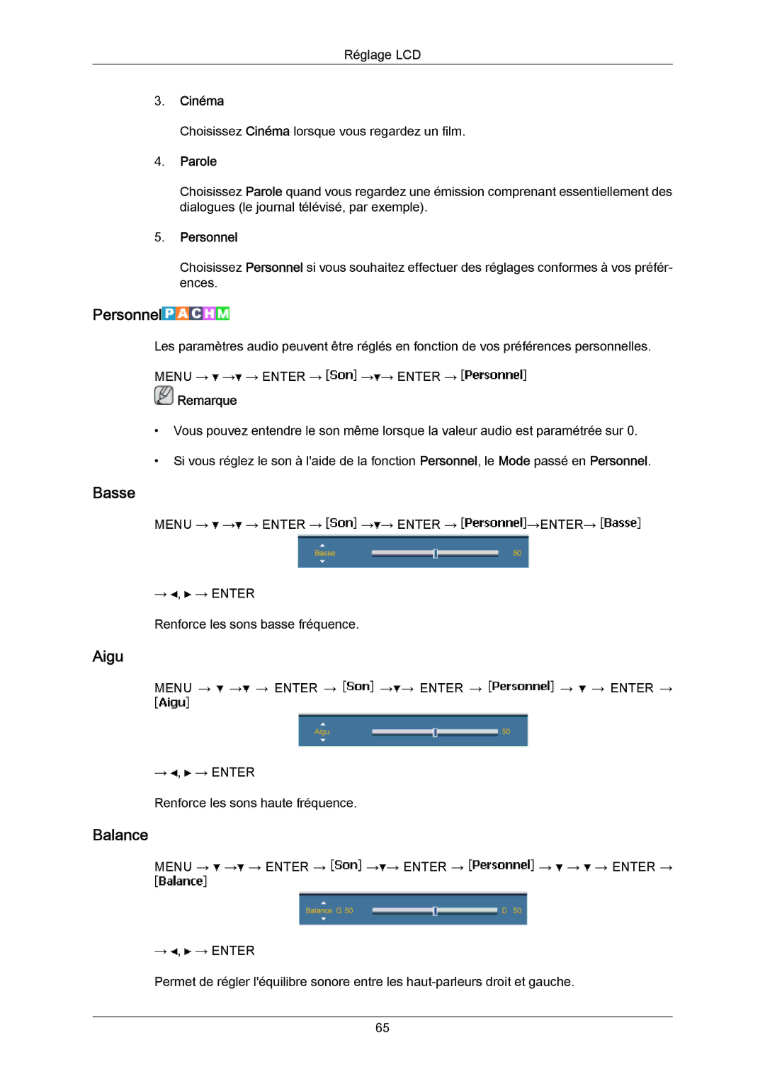 Samsung LH65MGPLBF/EN manual Basse, Aigu, Balance, Parole 