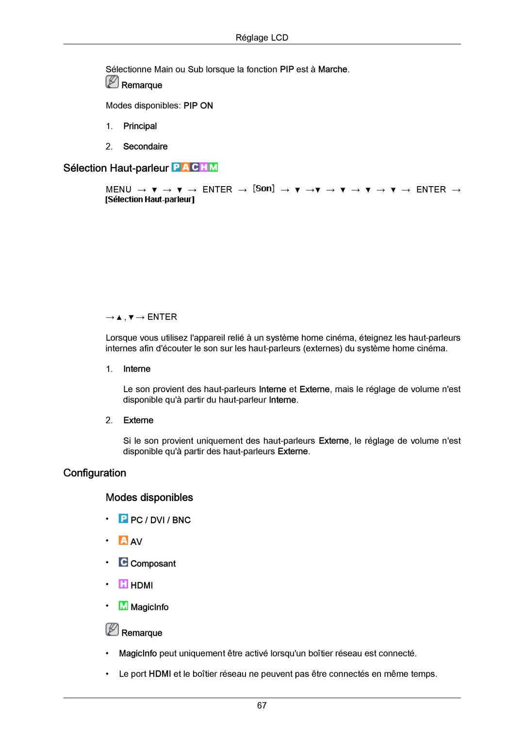 Samsung LH65MGPLBF/EN Sélection Haut-parleur, Configuration Modes disponibles, Principal Secondaire, Interne, Externe 