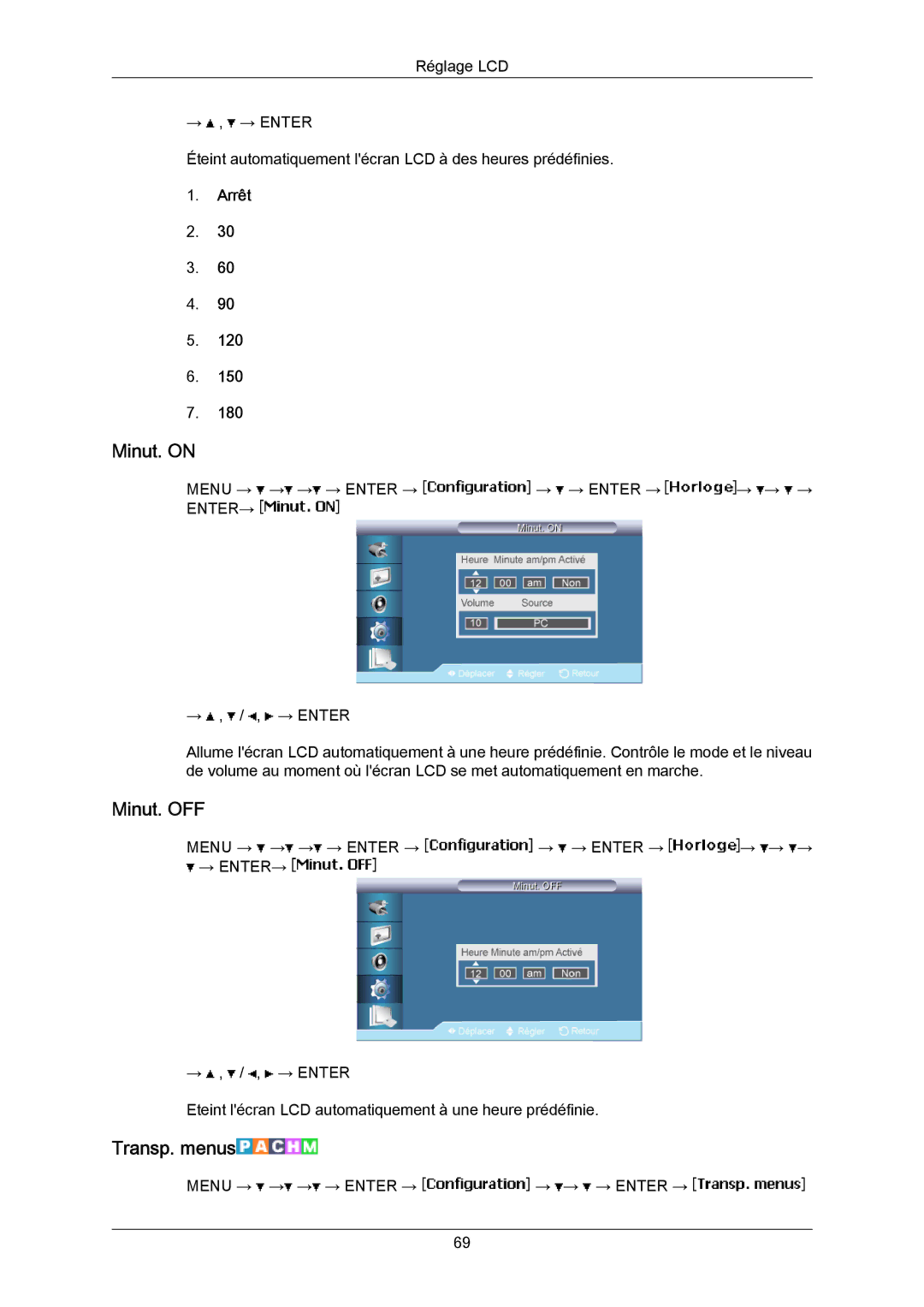 Samsung LH65MGPLBF/EN manual Minut. on, Minut. OFF, Transp. menus, Arrêt 