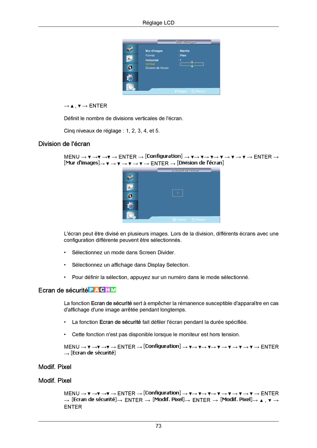 Samsung LH65MGPLBF/EN manual Division de lécran, Ecran de sécurité, Modif. Pixel 