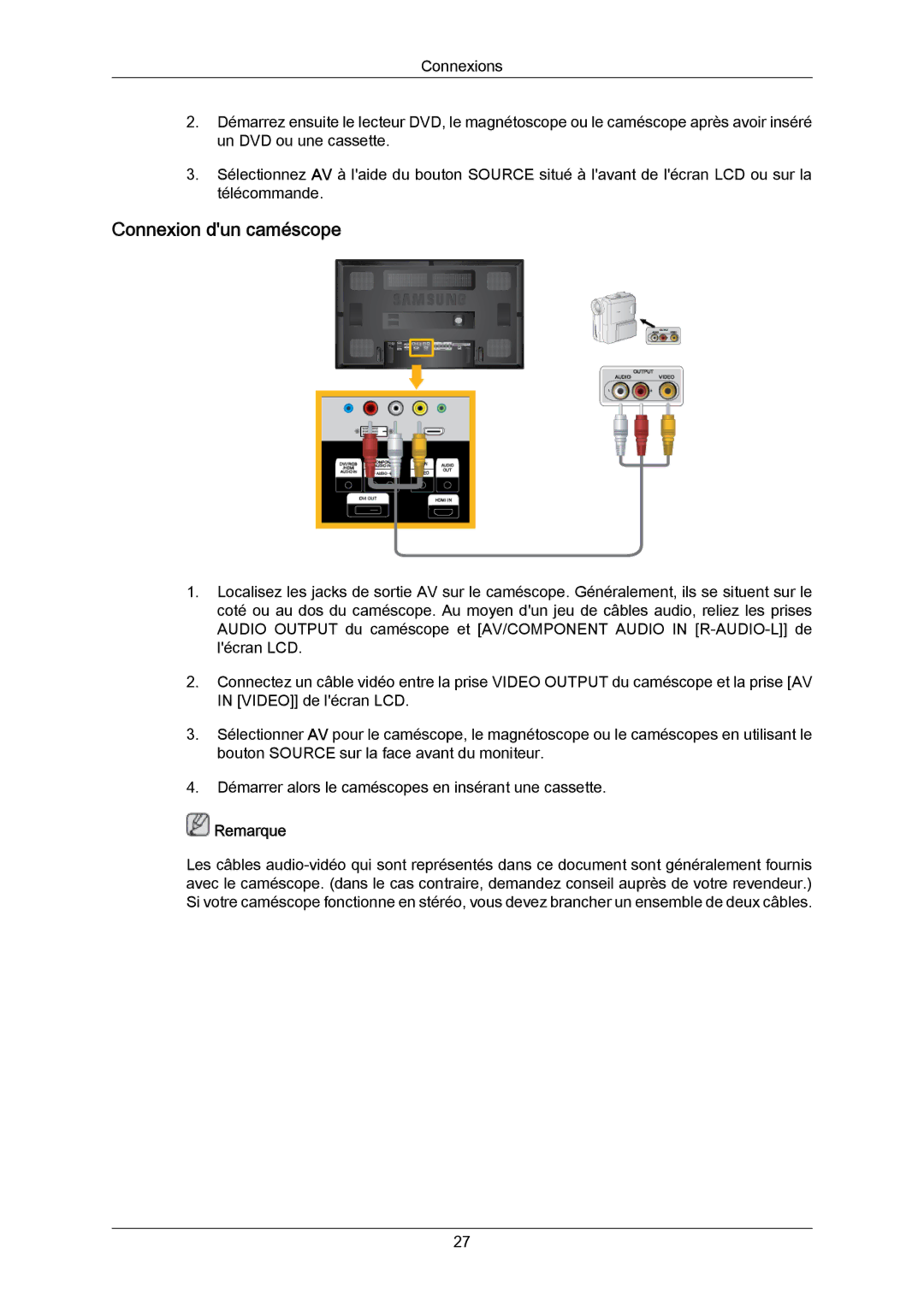 Samsung LH65MGPLBF/EN manual Connexion dun caméscope 