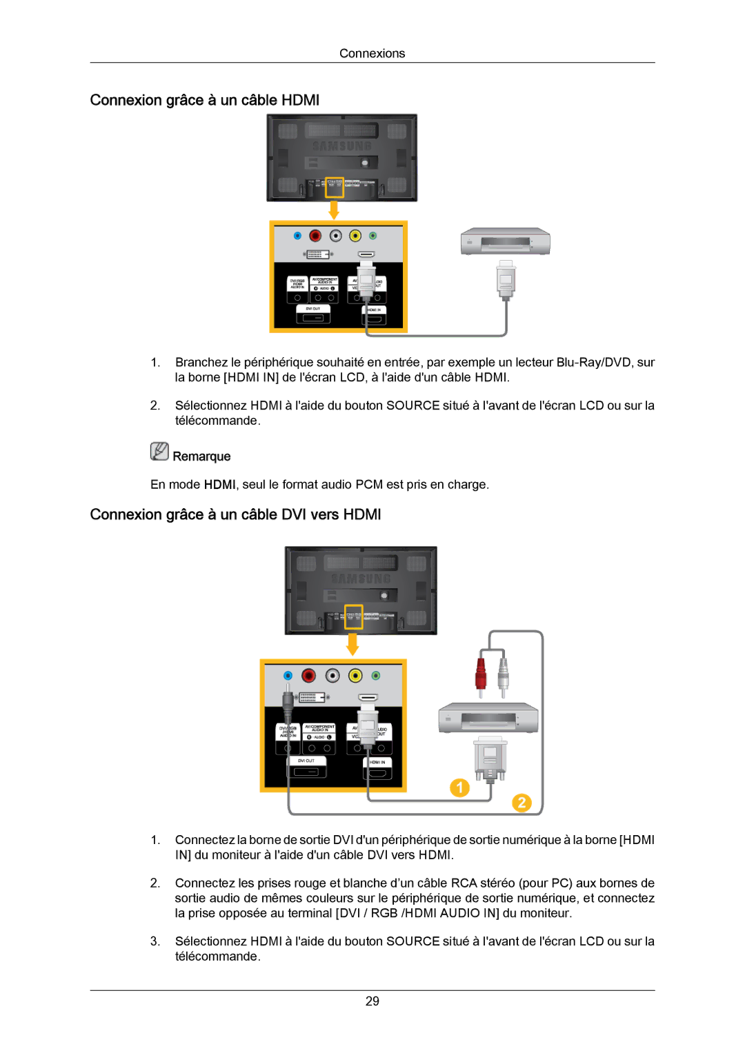 Samsung LH65MGPLBF/EN manual Connexion grâce à un câble Hdmi, Connexion grâce à un câble DVI vers Hdmi 