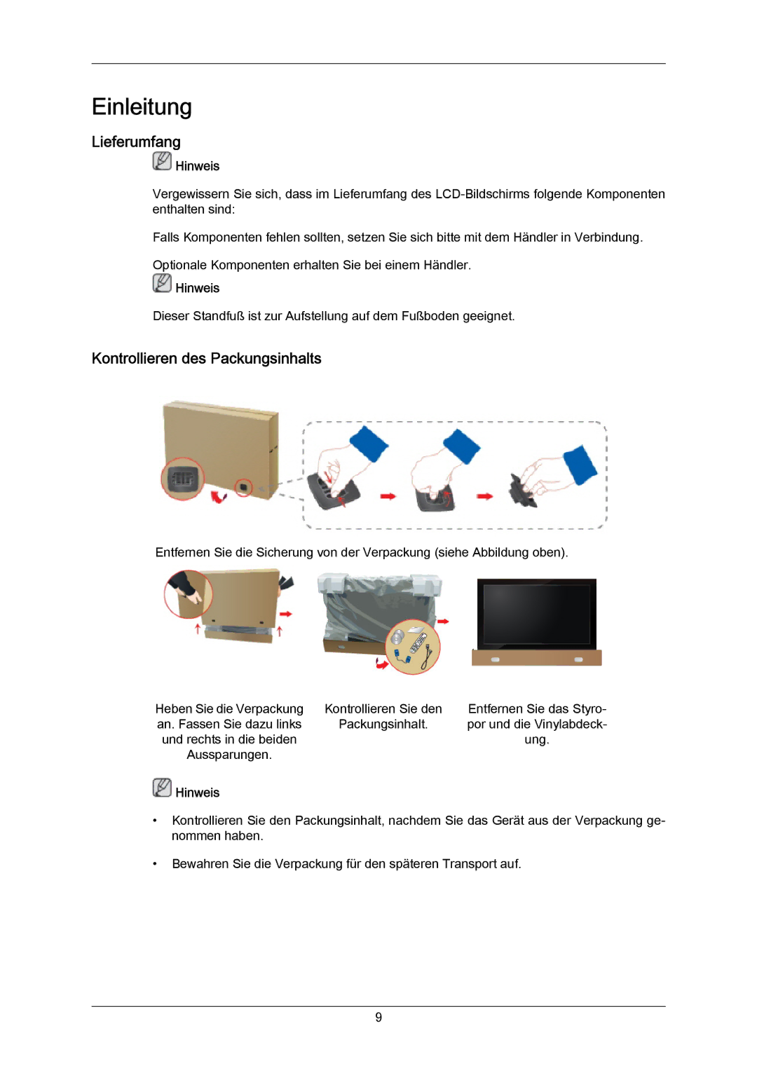 Samsung LH65MGPLBF/EN manual Lieferumfang, Kontrollieren des Packungsinhalts 