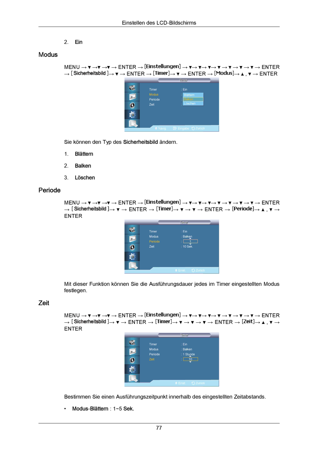 Samsung LH65MGPLBF/EN manual Periode, Blättern Balken Löschen, Modus-Blättern 1~5 Sek 