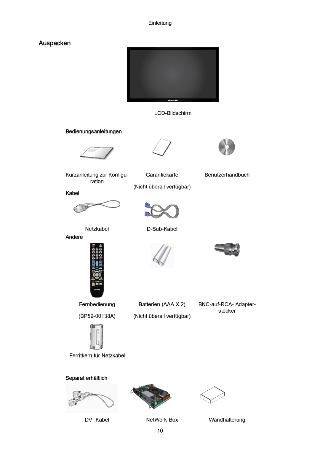 Samsung LH65MGPLBF/EN manual Auspacken, Bedienungsanleitungen, Kabel, Andere, Separat erhältlich 