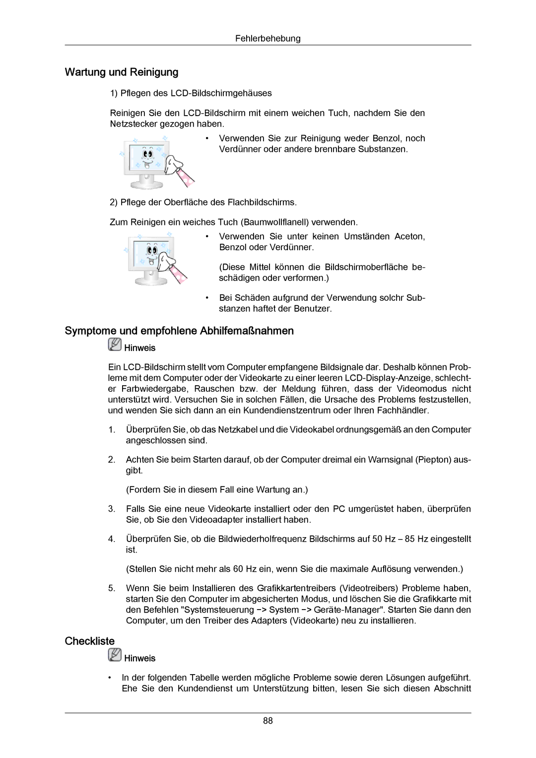 Samsung LH65MGPLBF/EN manual Wartung und Reinigung, Symptome und empfohlene Abhilfemaßnahmen, Checkliste 