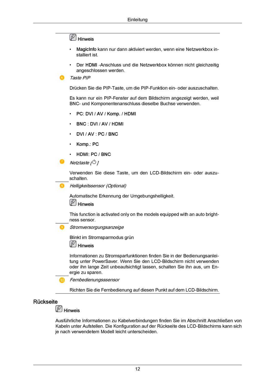 Samsung LH65MGPLBF/EN manual Rückseite, PC DVI / AV / Komp. / Hdmi, DVI / AV PC / BNC Komp. PC 