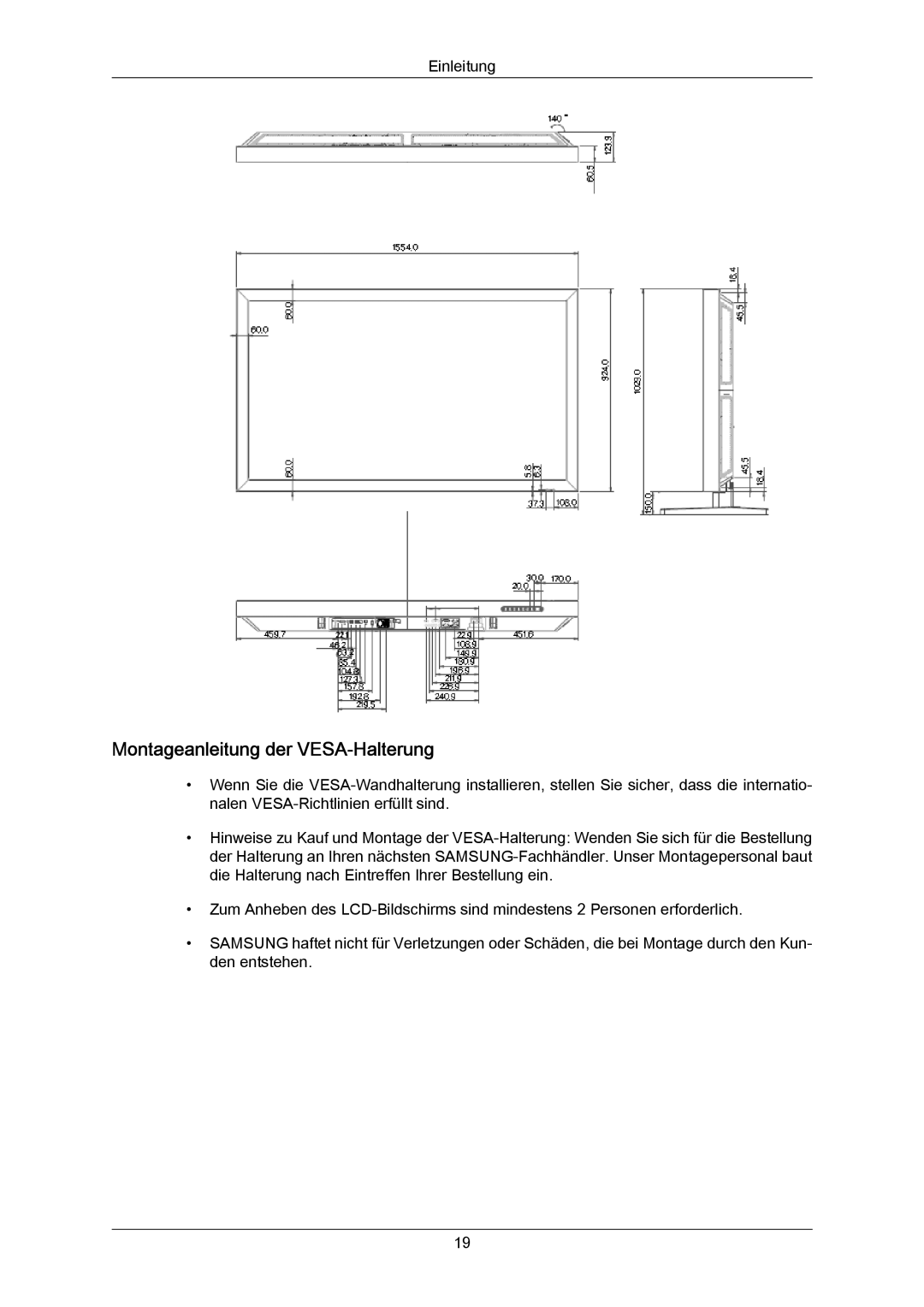 Samsung LH65MGPLBF/EN manual Montageanleitung der VESA-Halterung 