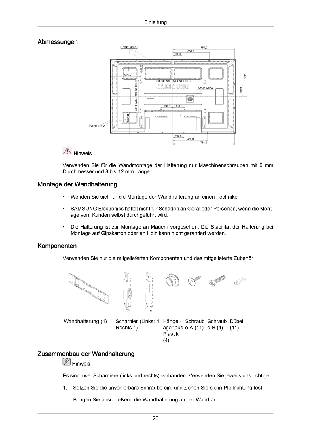 Samsung LH65MGPLBF/EN manual Abmessungen, Montage der Wandhalterung, Komponenten, Zusammenbau der Wandhalterung 