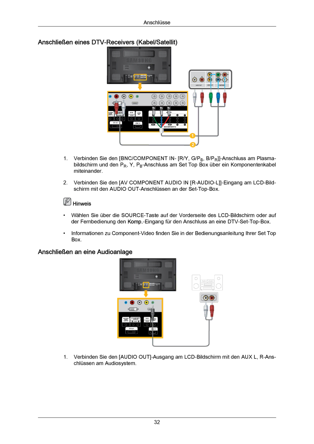 Samsung LH65MGPLBF/EN manual Anschließen eines DTV-Receivers Kabel/Satellit, Anschließen an eine Audioanlage 