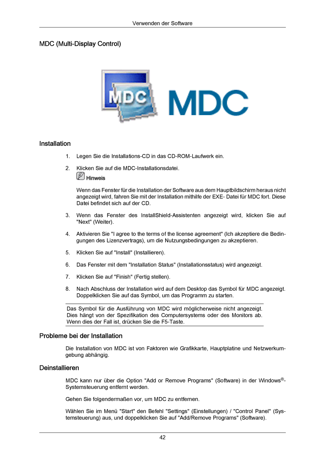 Samsung LH65MGPLBF/EN manual MDC Multi-Display Control Installation, Probleme bei der Installation, Deinstallieren 