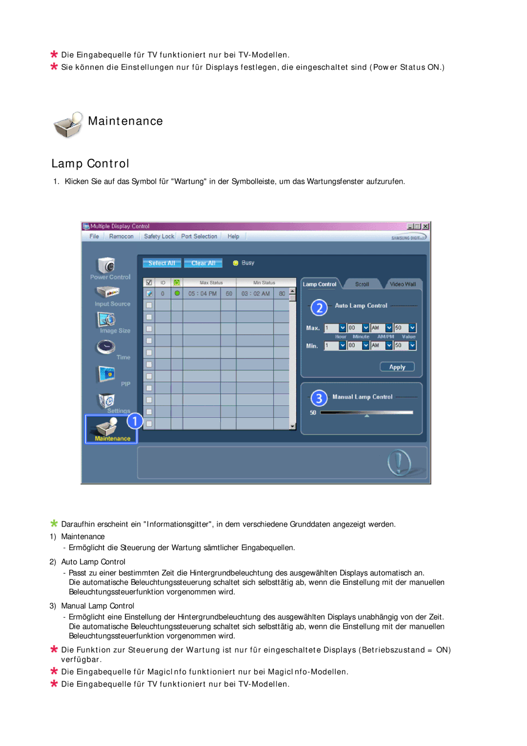 Samsung LH65MGPLBF/EN manual Maintenance Lamp Control 