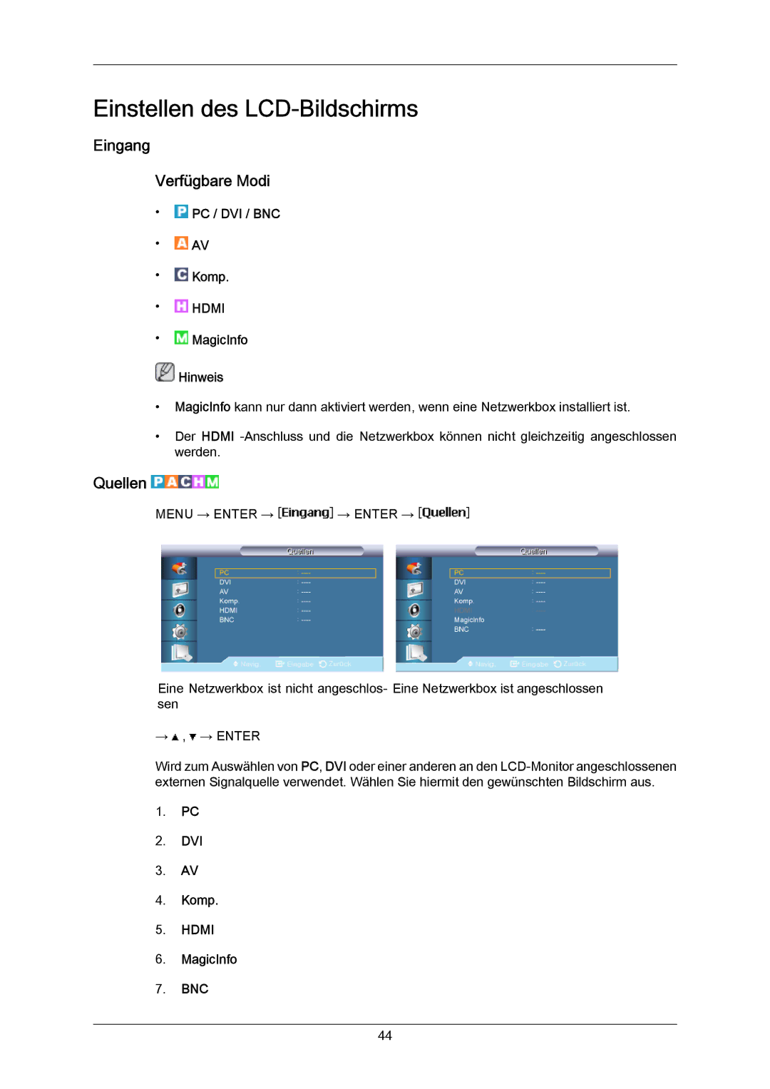 Samsung LH65MGPLBF/EN manual Eingang Verfügbare Modi, Quellen 