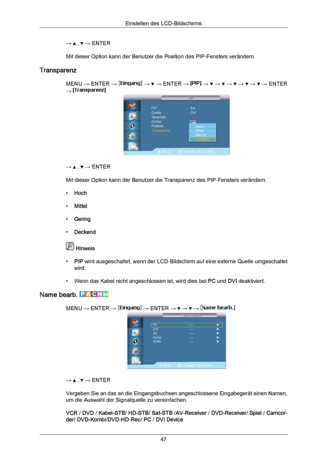 Samsung LH65MGPLBF/EN manual Transparenz, Name bearb, Hoch Mittel Gering Deckend Hinweis 