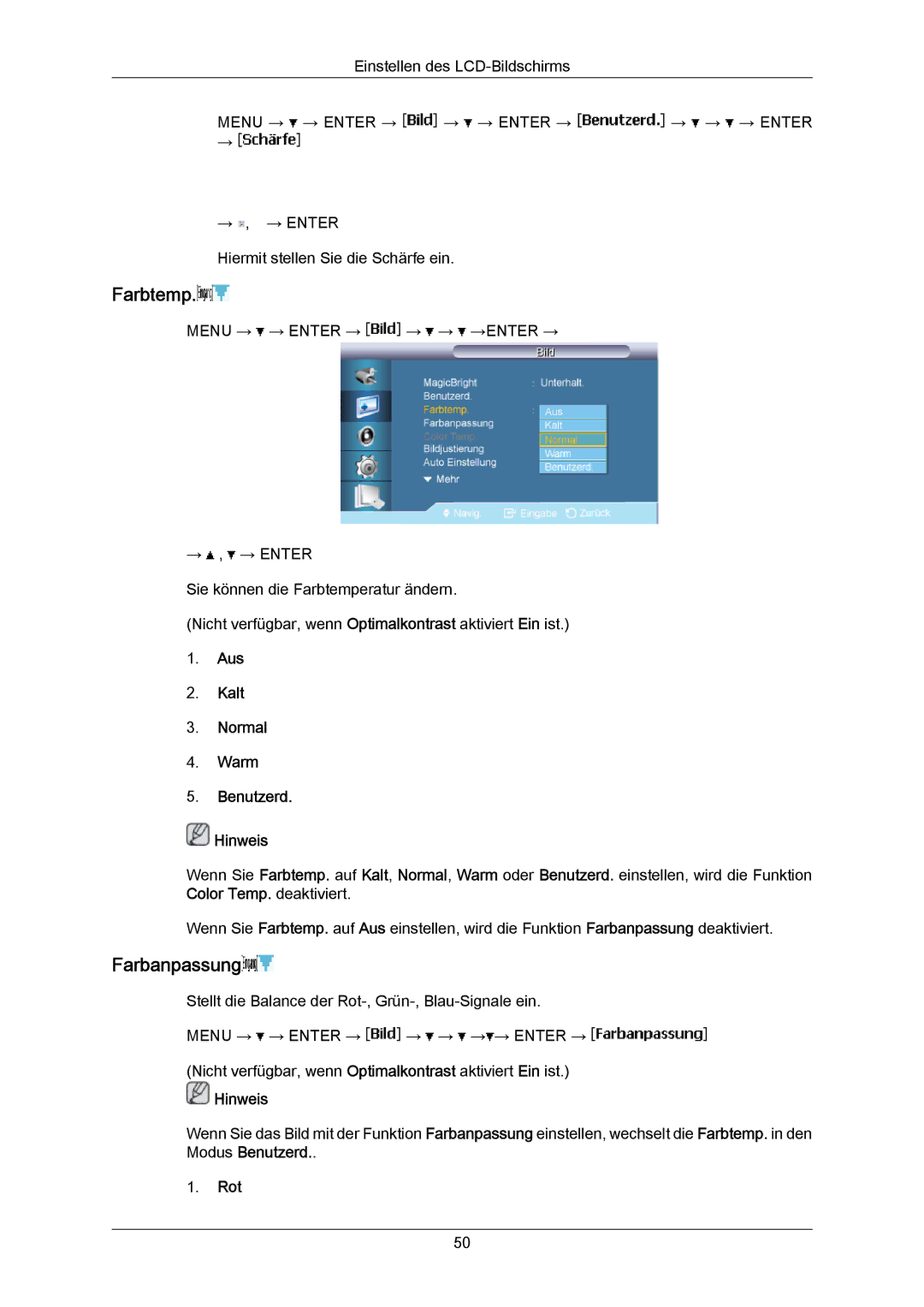 Samsung LH65MGPLBF/EN manual Farbtemp, Farbanpassung, Aus Kalt Normal Warm Benutzerd Hinweis, Rot 