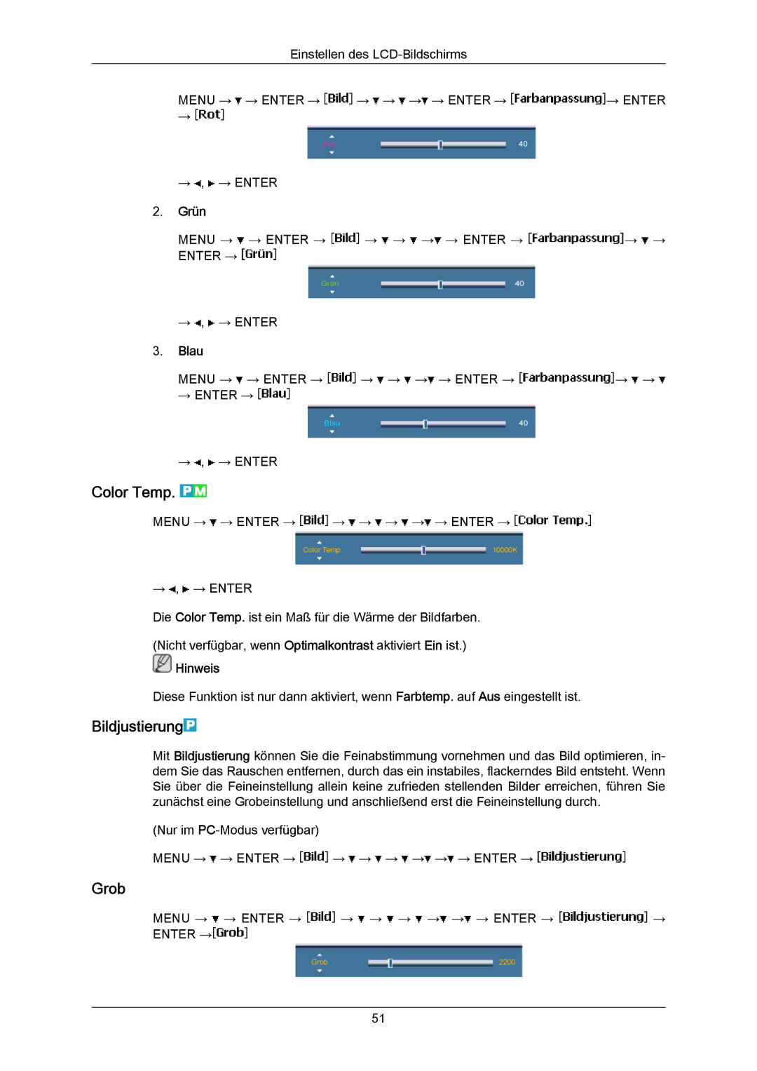 Samsung LH65MGPLBF/EN manual Color Temp, Bildjustierung, Grob, Grün, Blau 