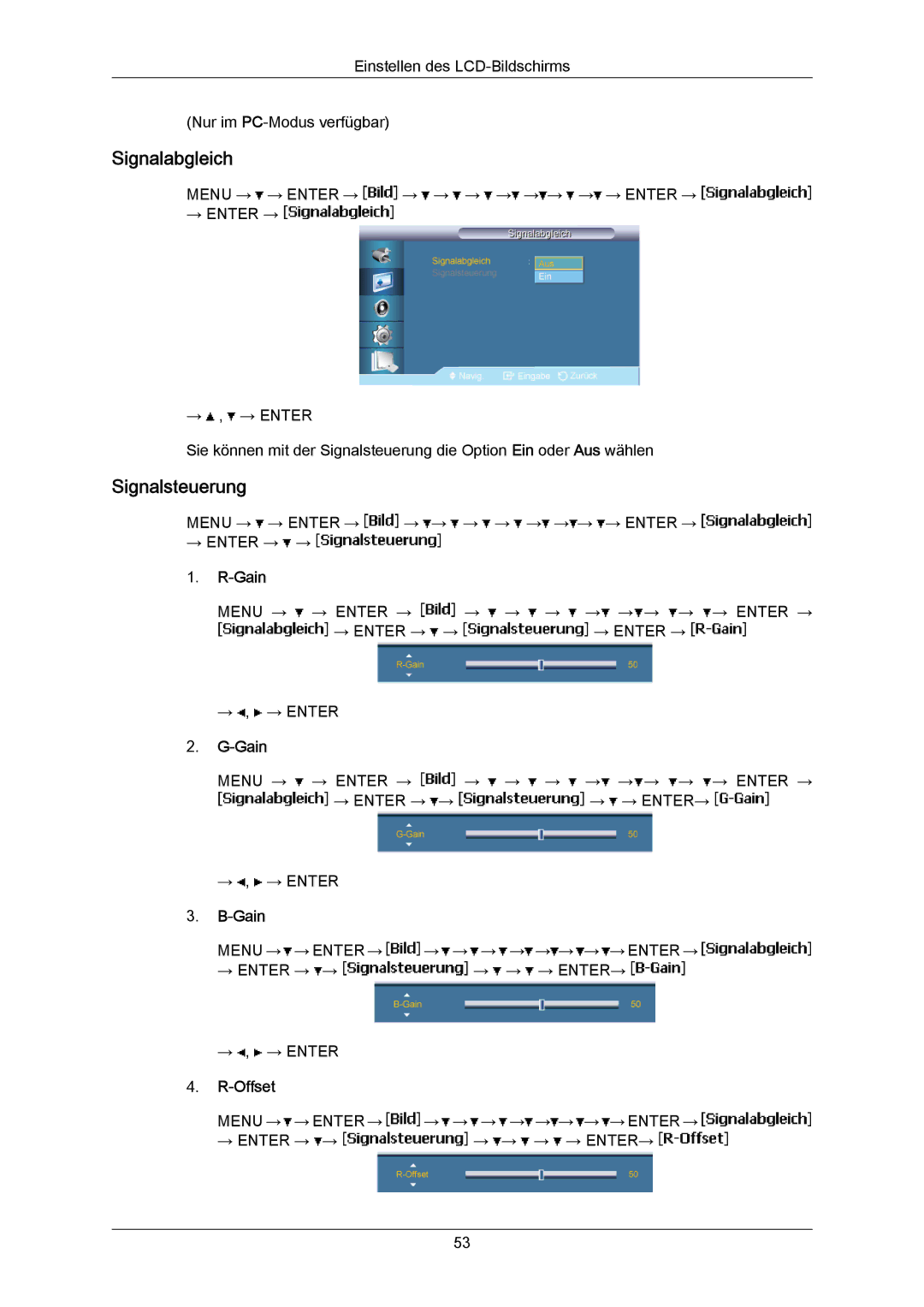 Samsung LH65MGPLBF/EN manual Signalsteuerung, Gain, Offset 