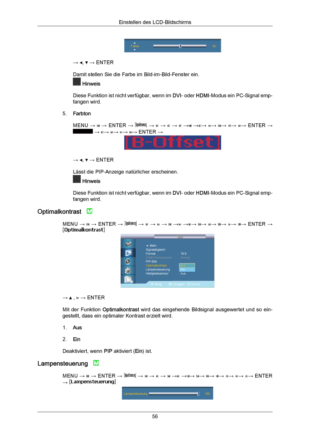 Samsung LH65MGPLBF/EN manual Optimalkontrast, Lampensteuerung, Farbton 