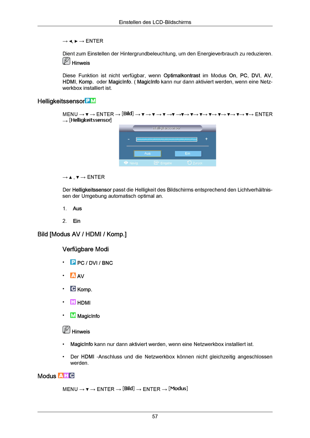 Samsung LH65MGPLBF/EN manual Helligkeitssensor, Bild Modus AV / Hdmi / Komp Verfügbare Modi 