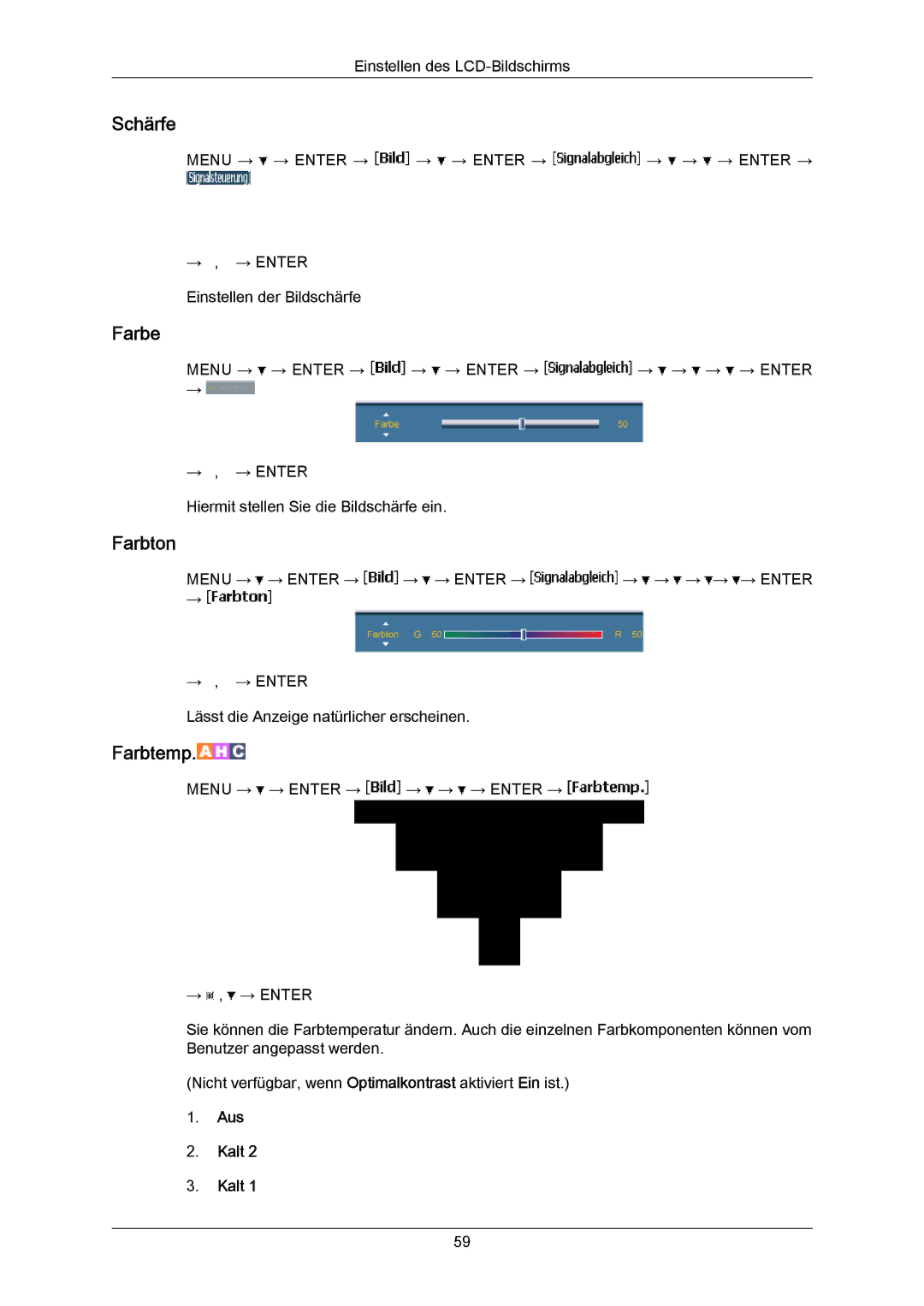 Samsung LH65MGPLBF/EN manual Schärfe, Farbe, Farbton, Aus Kalt 