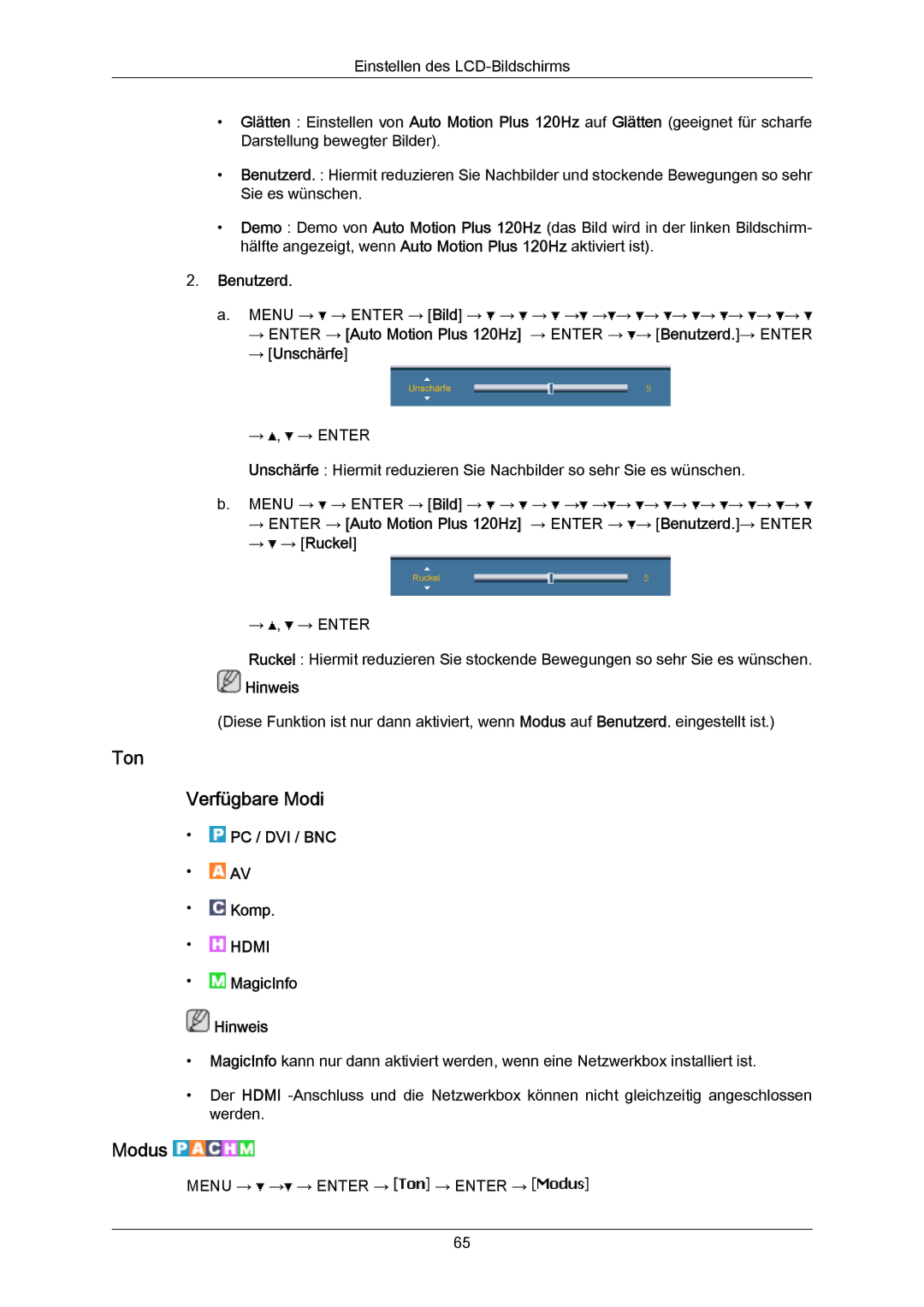 Samsung LH65MGPLBF/EN manual Ton Verfügbare Modi, Benutzerd 