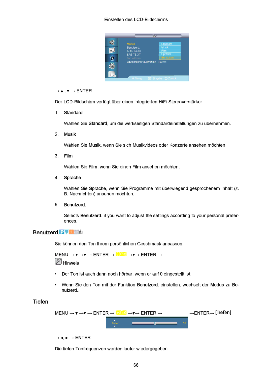 Samsung LH65MGPLBF/EN manual Tiefen, Musik, Sprache 