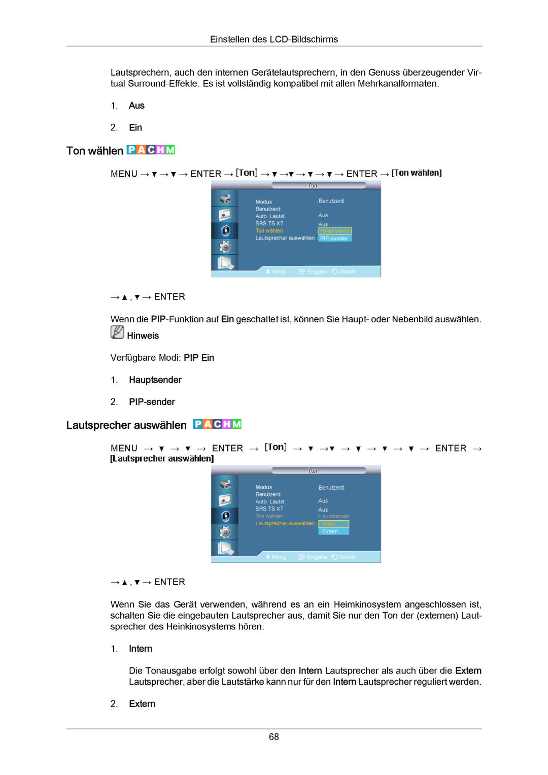 Samsung LH65MGPLBF/EN manual Ton wählen, Lautsprecher auswählen, Hauptsender PIP-sender, Intern, Extern 