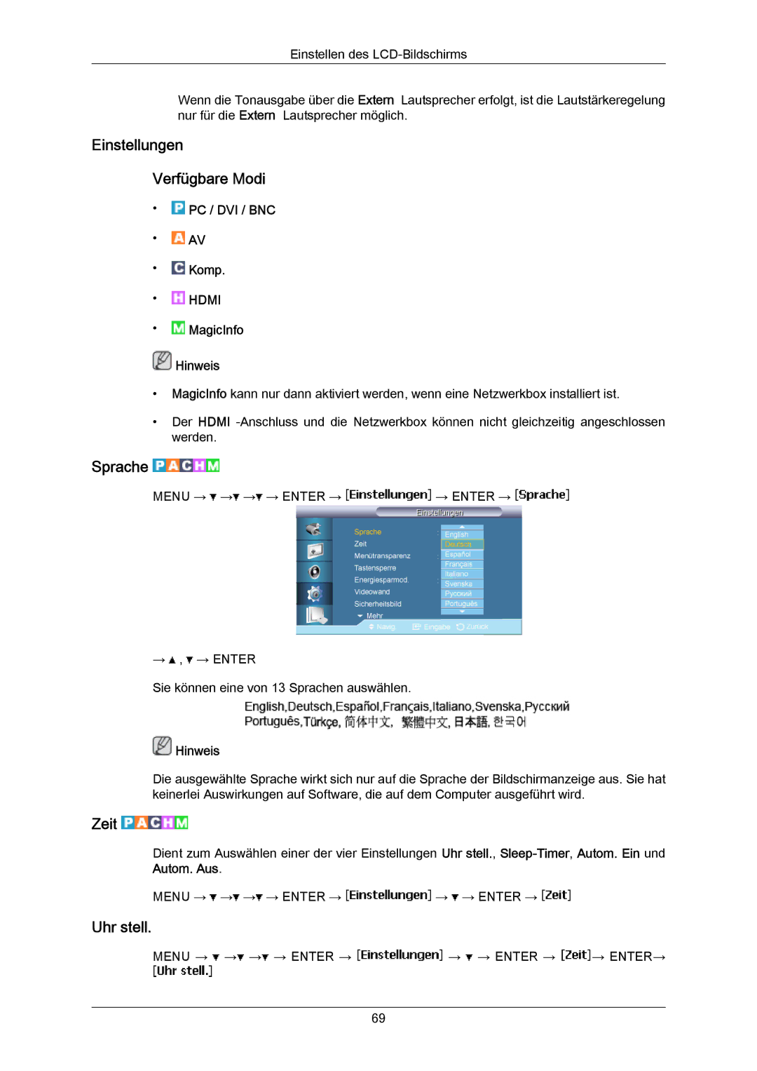 Samsung LH65MGPLBF/EN manual Einstellungen Verfügbare Modi, Sprache, Zeit, Uhr stell 