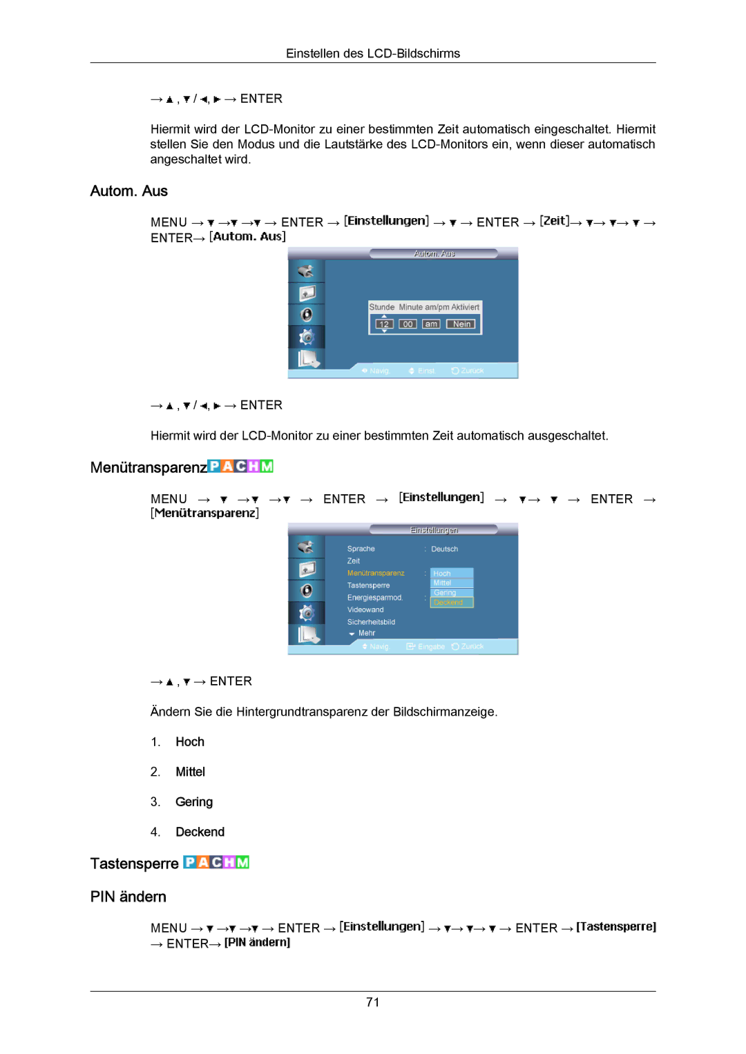 Samsung LH65MGPLBF/EN manual Autom. Aus, Menütransparenz, Tastensperre PIN ändern, Hoch Mittel Gering Deckend 