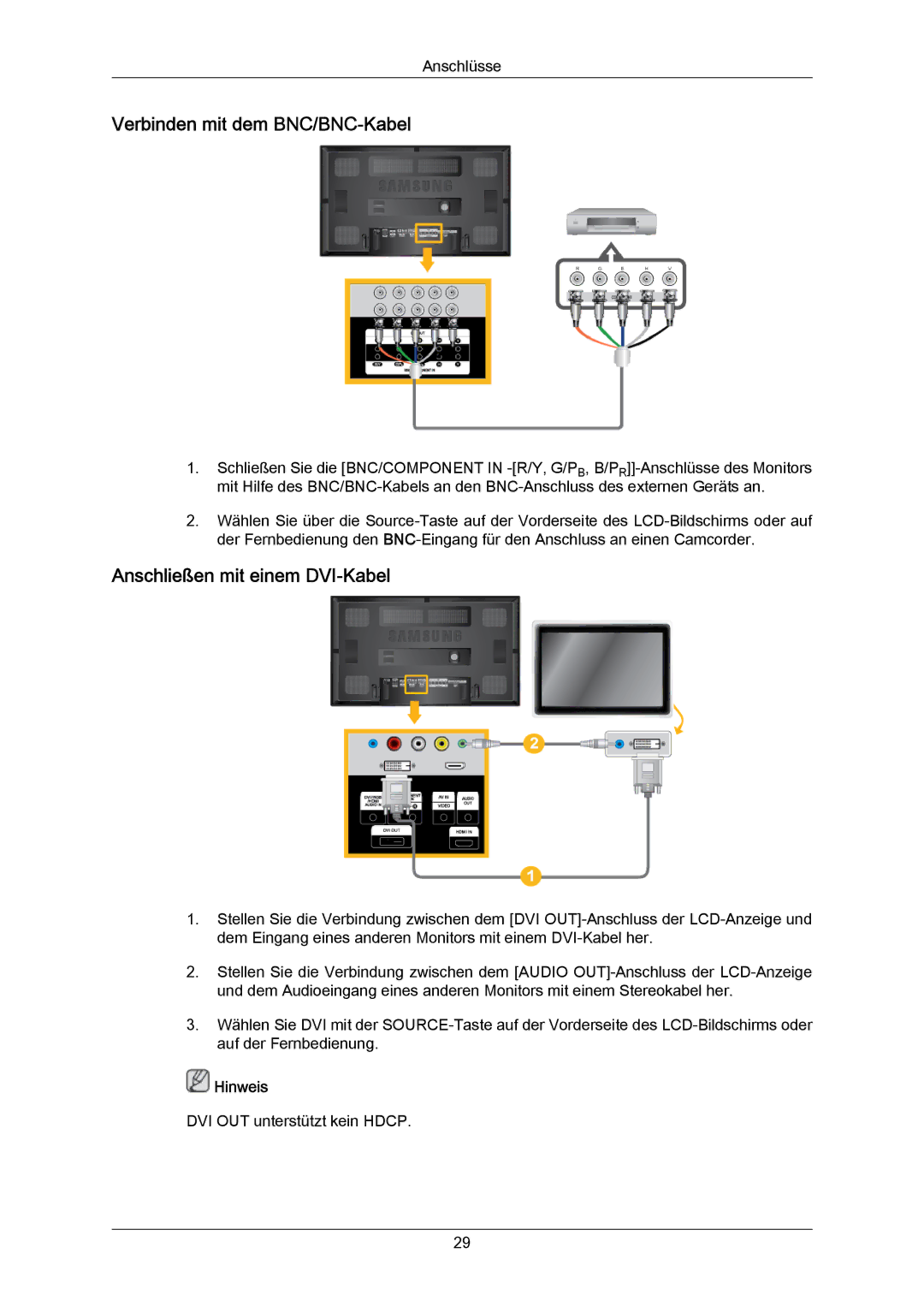 Samsung LH65MGPLBF/EN manual Verbinden mit dem BNC/BNC-Kabel, Anschließen mit einem DVI-Kabel 