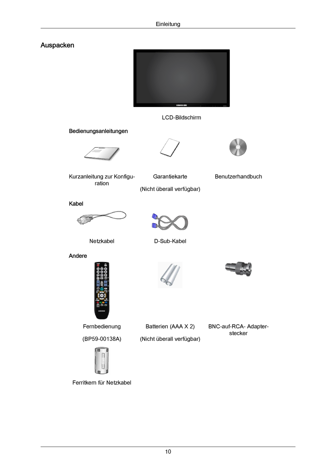 Samsung LH65MGPLBF/EN manual Auspacken, Bedienungsanleitungen, Kabel, Andere 