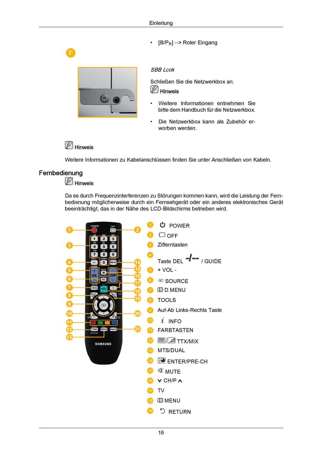 Samsung LH65MGPLBF/EN manual Fernbedienung, SBB Lcok 