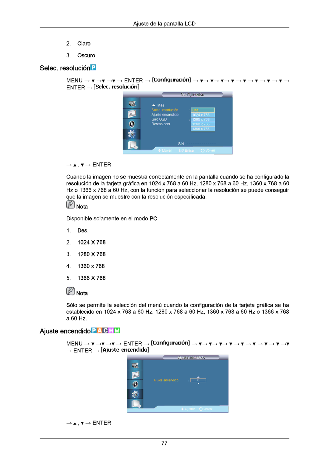 Samsung LH65MGPLBF/EN manual Selec. resolución, Ajuste encendido, Claro Oscuro, Des 1024 X 1280 X 1360 x 1366 X Nota 