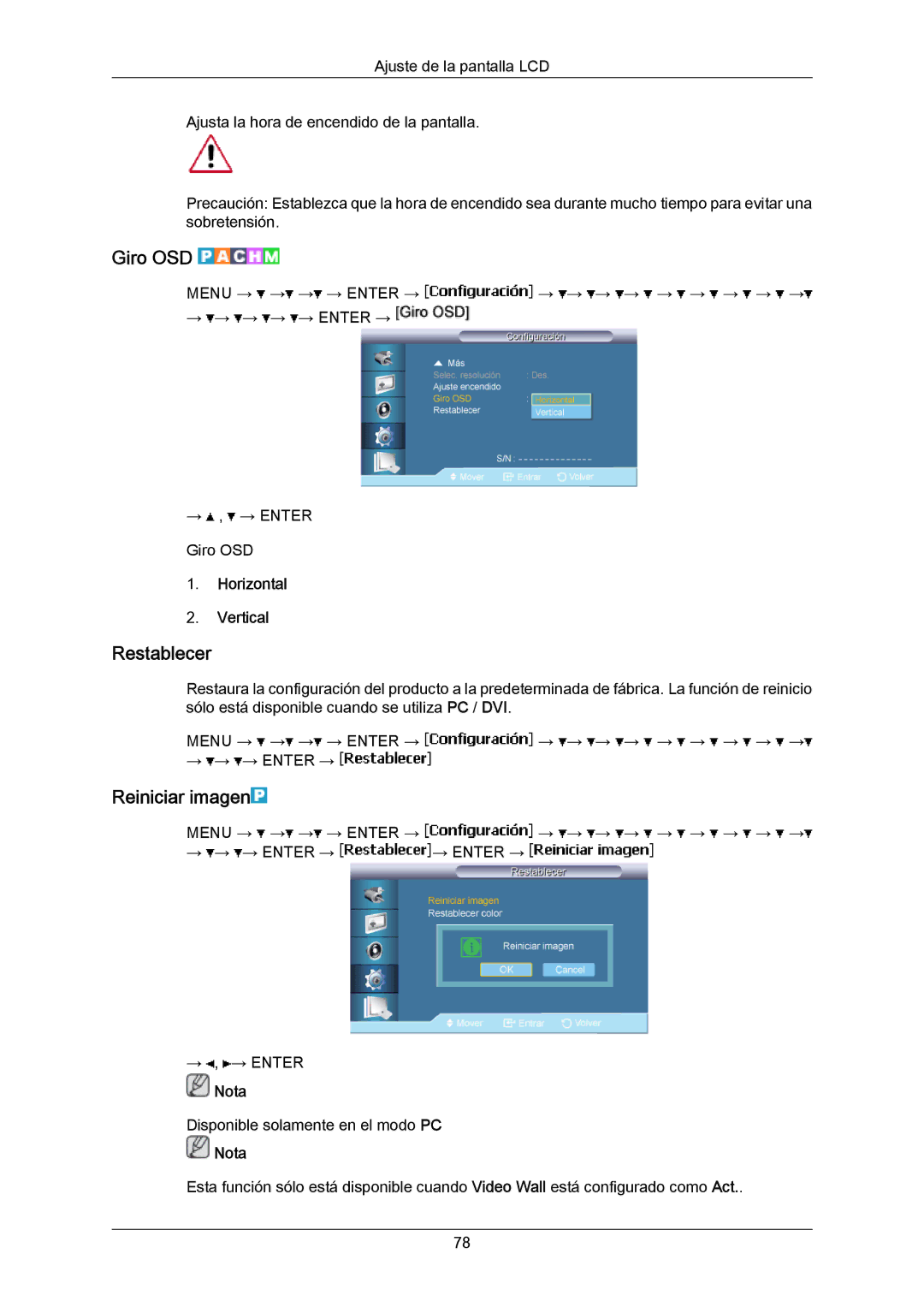 Samsung LH65MGPLBF/EN manual Giro OSD, Restablecer, Reiniciar imagen, Horizontal Vertical 