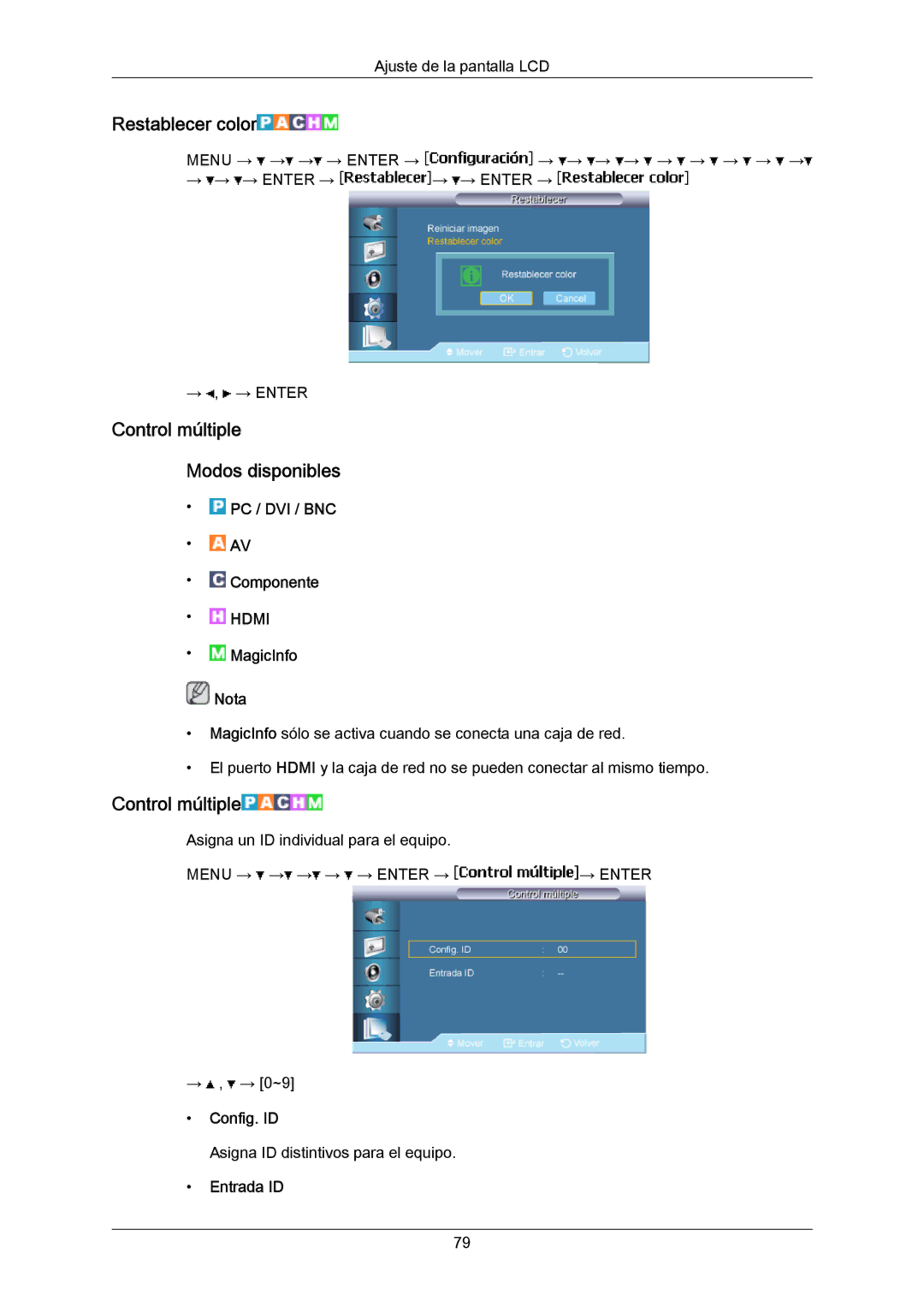 Samsung LH65MGPLBF/EN manual Restablecer color, Control múltiple Modos disponibles, Config. ID, Entrada ID 