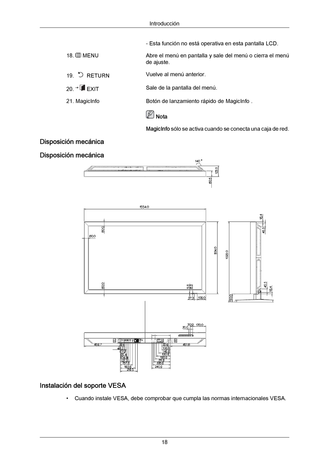 Samsung LH65MGPLBF/EN manual Instalación del soporte Vesa, Disposición mecánica Disposición mecánica 