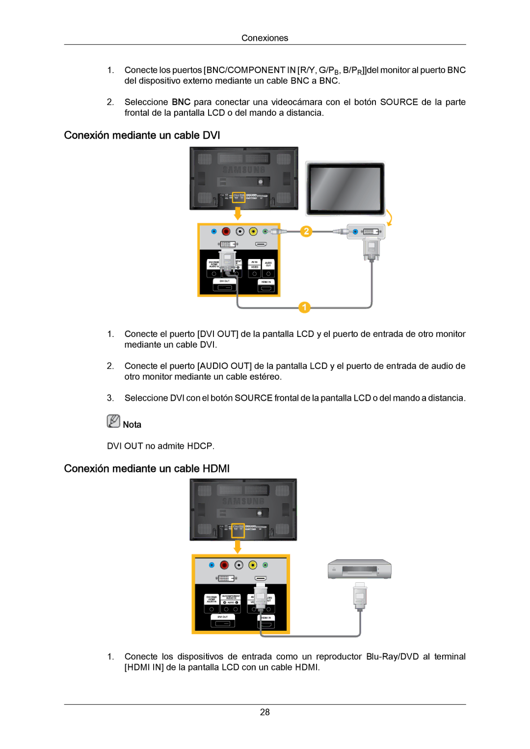 Samsung LH65MGPLBF/EN manual Conexión mediante un cable DVI, Conexión mediante un cable Hdmi 