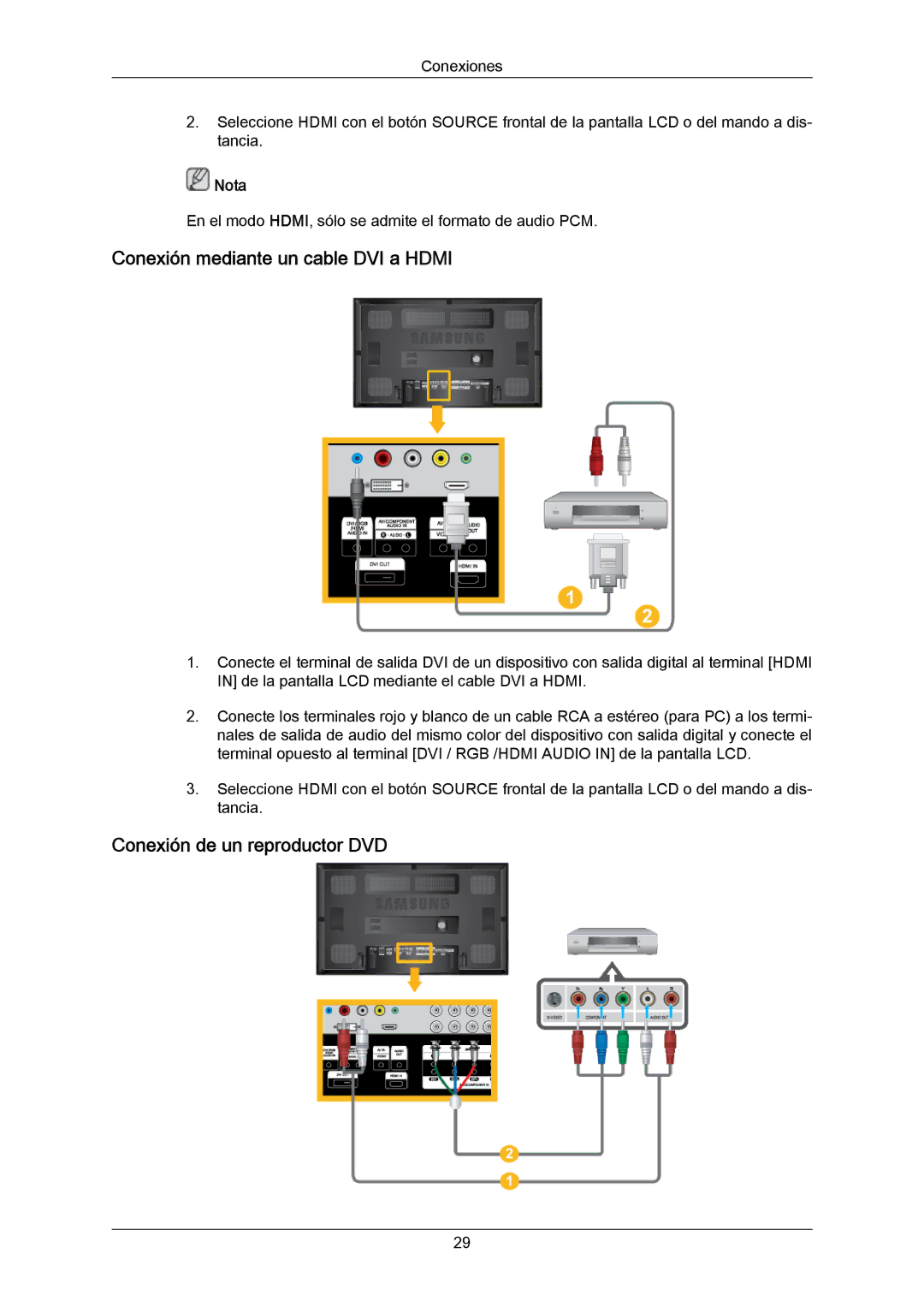 Samsung LH65MGPLBF/EN manual Conexión mediante un cable DVI a Hdmi, Conexión de un reproductor DVD 