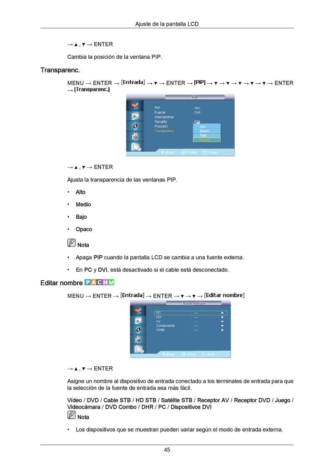 Samsung LH65MGPLBF/EN manual Transparenc, Editar nombre, Alto Medio Bajo Opaco Nota 