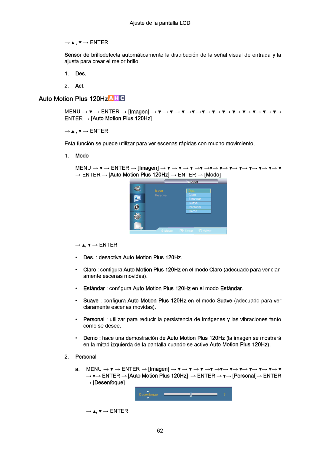 Samsung LH65MGPLBF/EN manual Modo, Des. desactiva Auto Motion Plus 120Hz, → Desenfoque 