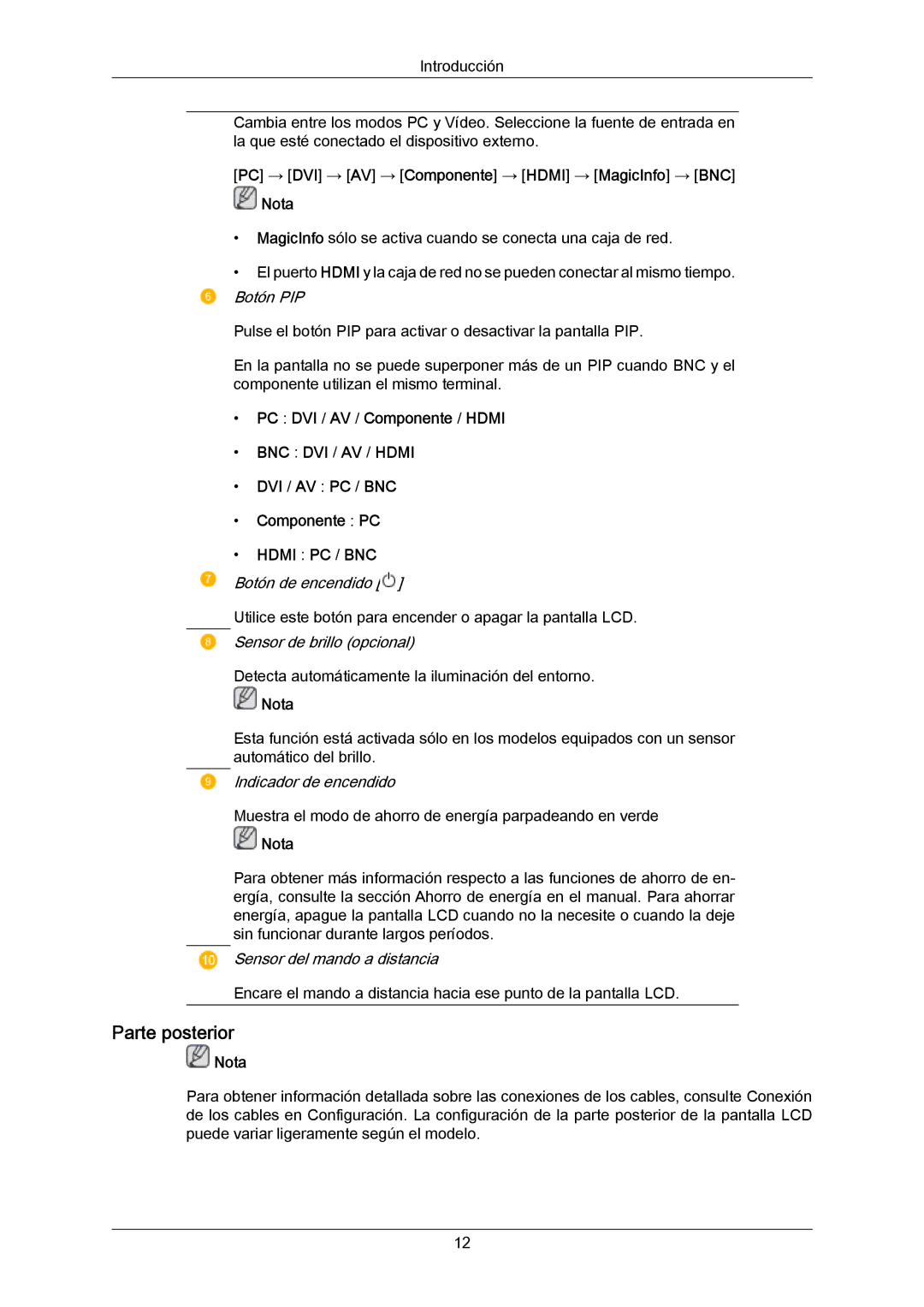 Samsung LH65MGPLBF/EN manual Parte posterior, PC → DVI → AV → Componente → Hdmi → MagicInfo → BNC Nota 