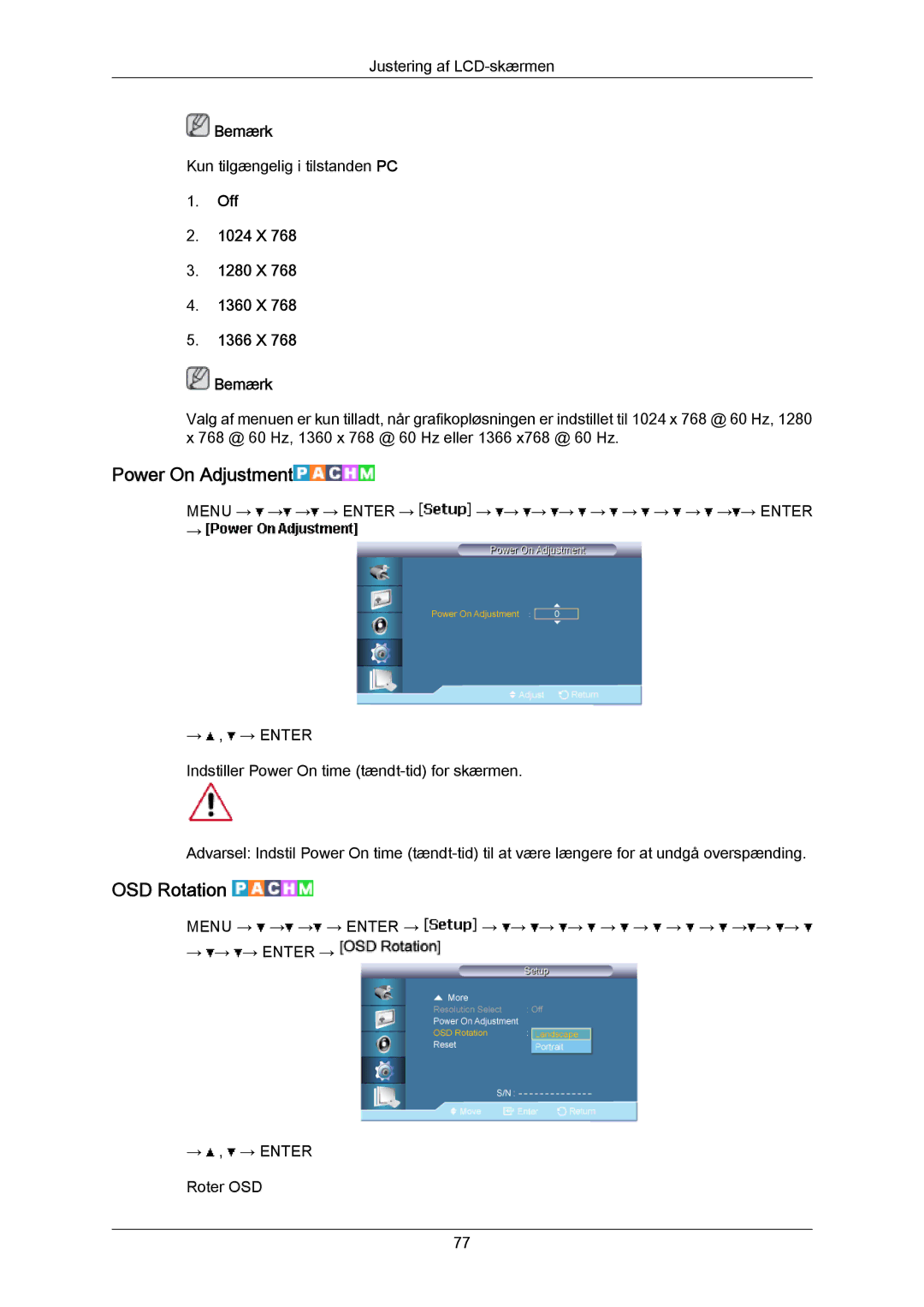 Samsung LH65MGPLBF/EN manual Power On Adjustment, OSD Rotation, Off 1024 X 1280 X 1360 X 1366 X Bemærk 