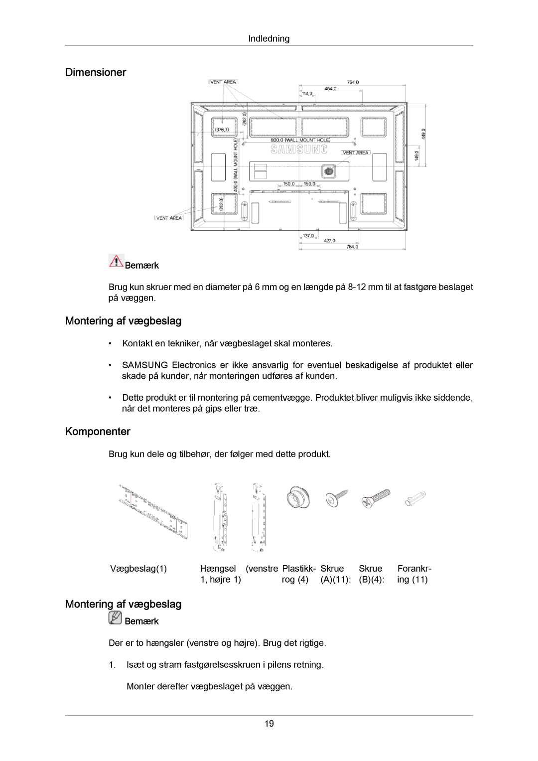 Samsung LH65MGPLBF/EN manual Dimensioner, Montering af vægbeslag, Komponenter 